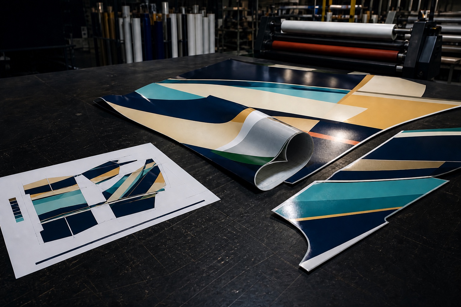 Digital concept visualization showing uninstalled vehicle graphic panel material and an installer production plan on a print-shop bench